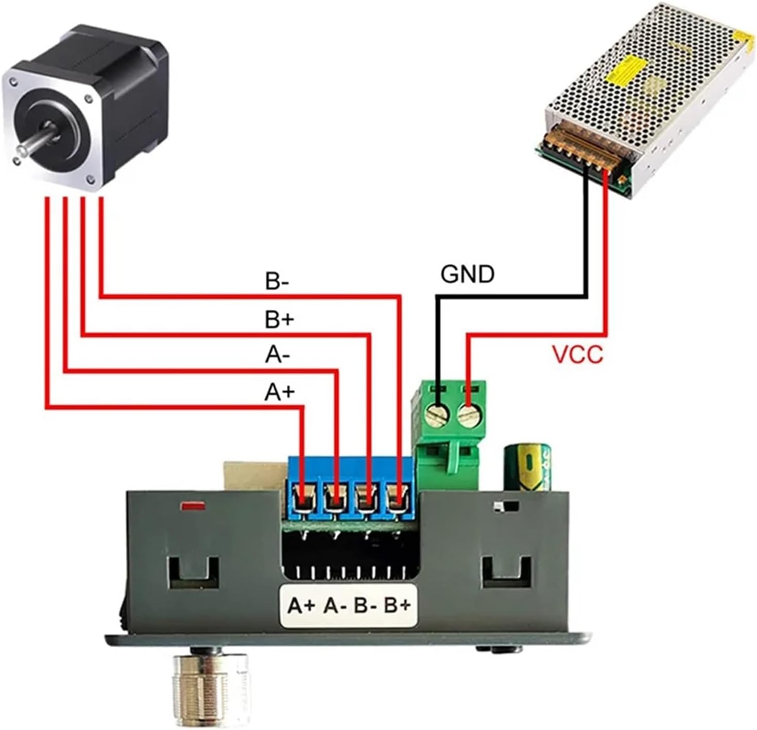 Wiring diagram for ZK-SMC02 connecting to a stepper motor and power supply
