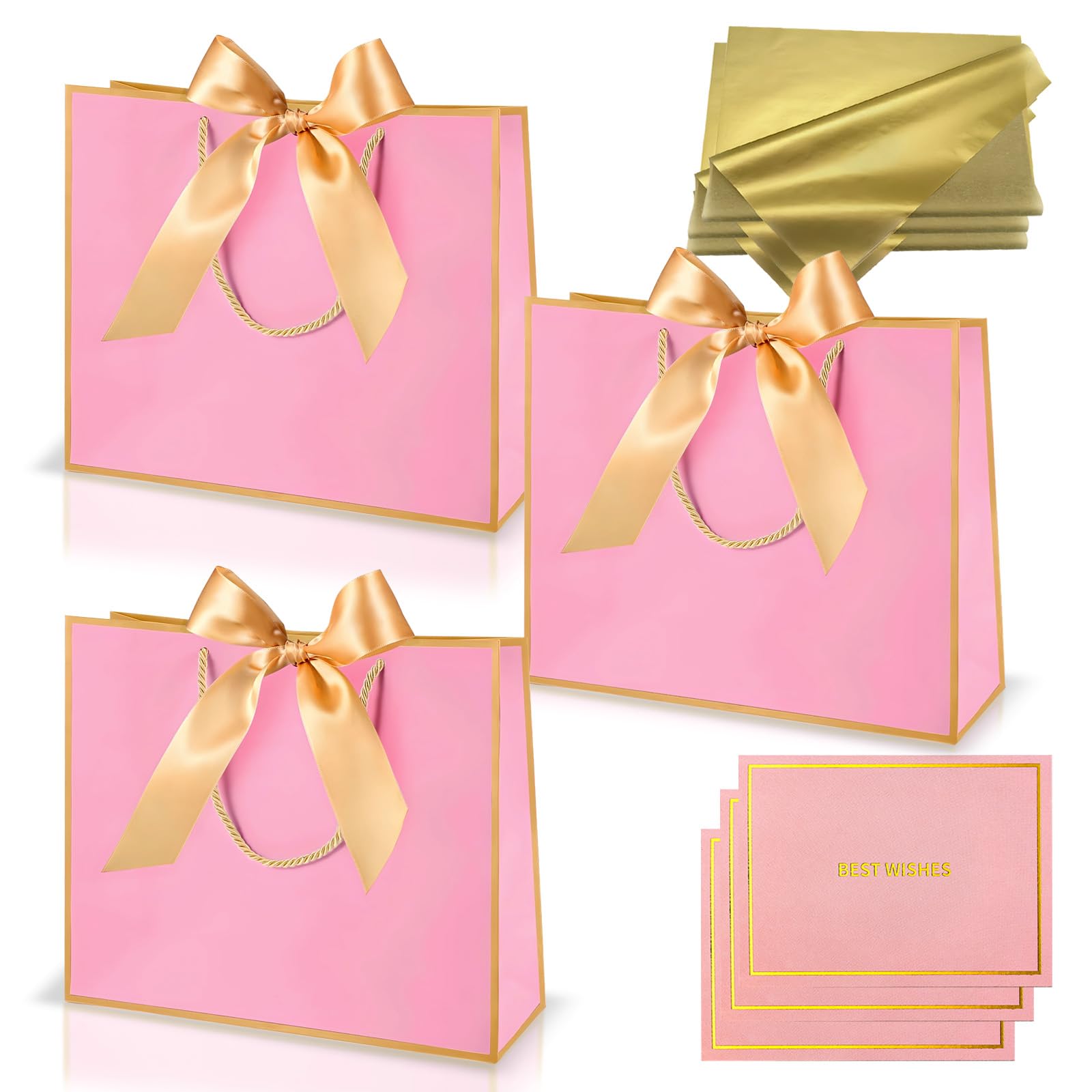 Medium Pink Gold Gift Bags for Present,Paper Party Bags with Handles,3Pcs Birthday Gift Bag with Ribbons 6 Tissue Paper 3 Cards for Baby Girls Women Bridesmaid Christening Wedding Valentines Christmas โ image 1