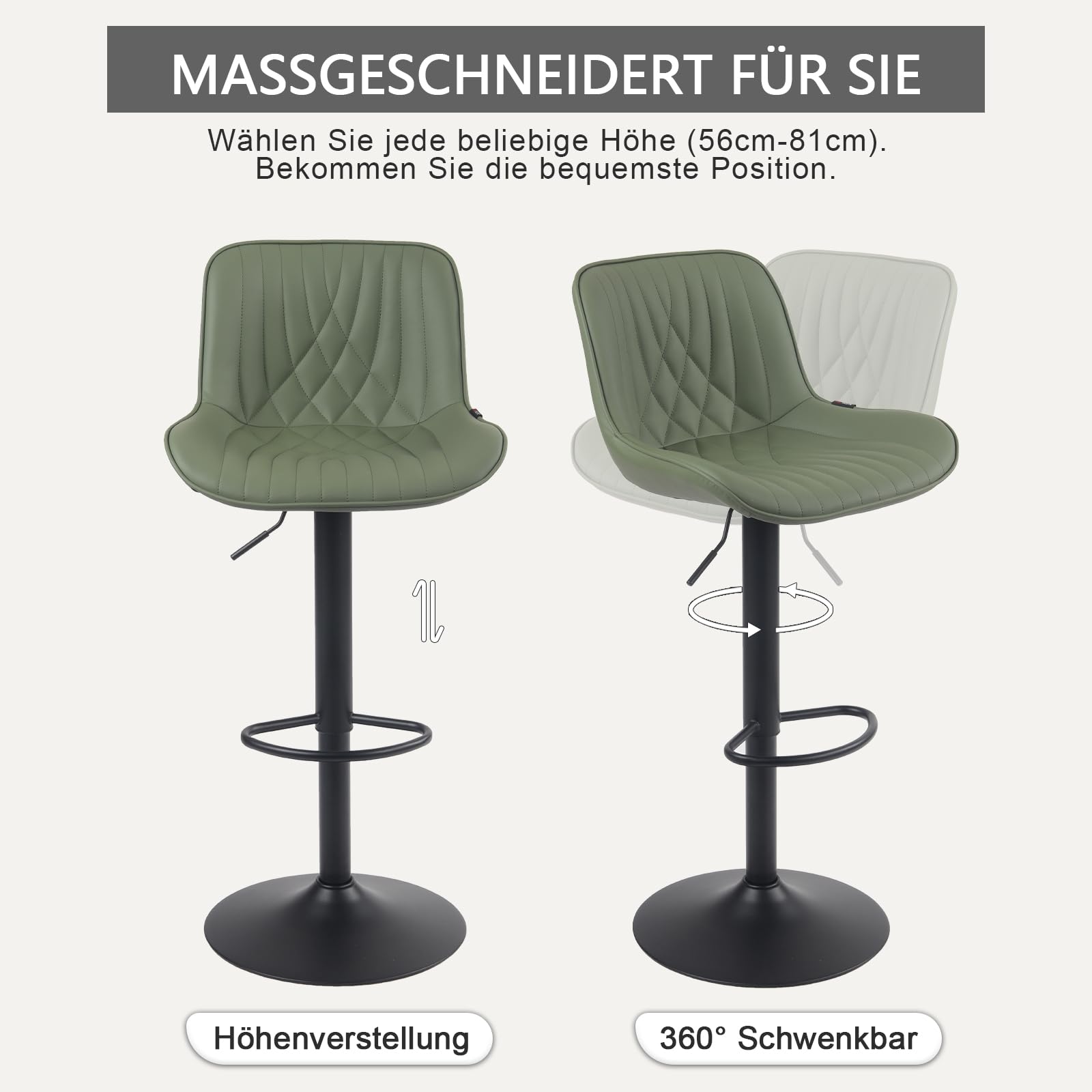 YOUTASTE Barhocker Höhenverstellbar, Barstühle Drehbar mit Lehne, Olivgrün