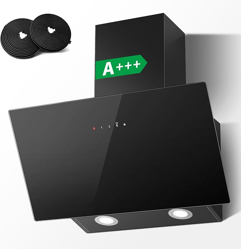 Cooker Hood 60cm, TopStrong Extractor Fan Kitchen, Wall-Mounted Extractor Hood, A+++ Kitchen Hood, 450 m³/h, Touch Control, 3 Speed + Booster, Recirculating & Ducting System, Black