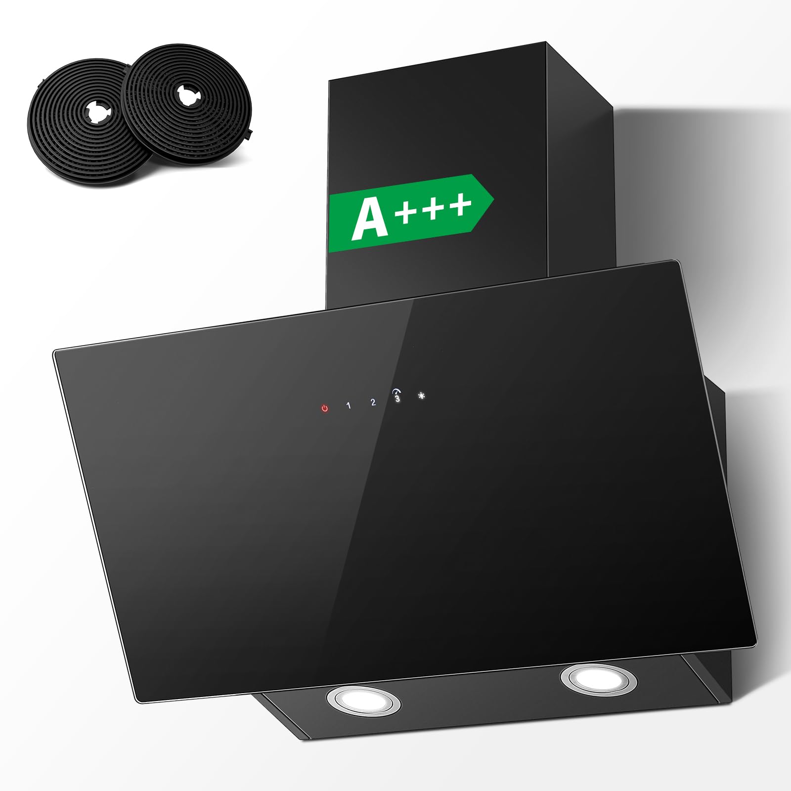 TopStrong Dunstabzugshaube 60cm, A+++ Abzugshaube Umluft/Abluft mit 450 m³/h, Wandhauben Inkl. Aktivkohlefilter, Leise Kopffreihaube mit LED-Beleuchtung, 3 Stufen + Booster Touchscreen, Schwarz Glas