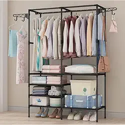 Arara Guarda-Roupa Portátil com Prateleiras, Organizador de Roupas com Cabideiro, Estrutura de Metal Preta, Armário Multiuso para Closet