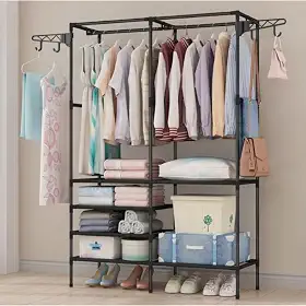 Arara Guarda-Roupa Portátil com Prateleiras, Organizador de Roupas com Cabideiro, Estrutura de Metal Preta, Armário Multiuso para Closet