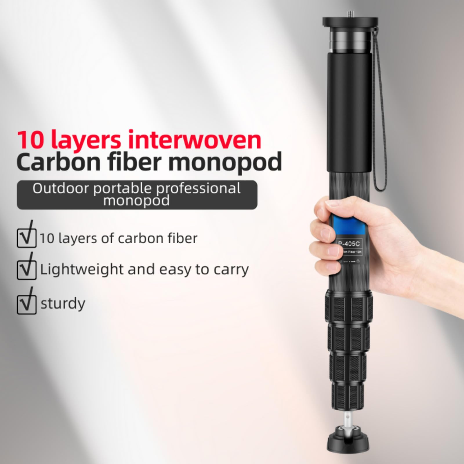 Monopode télescopique léger en carbone à sections multiples supportant un roulement de 20 kg pour appareils photo reflex numériques et smartphones