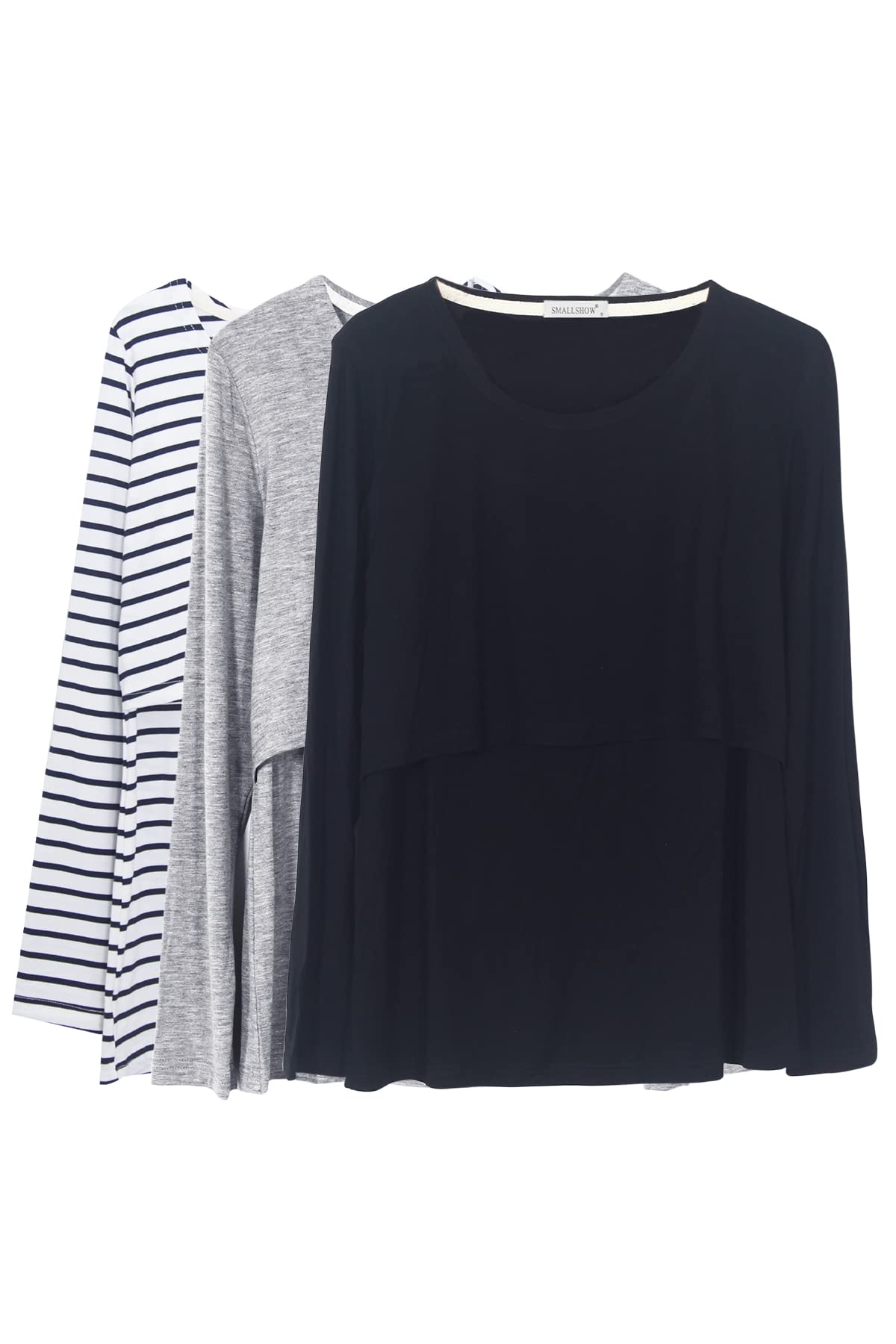 Smallshow Camicie da donna a maniche lunghe per allattamento al seno, 3 pezzi, Nero - luce grigio-bianco striscia (3 confezioni), L