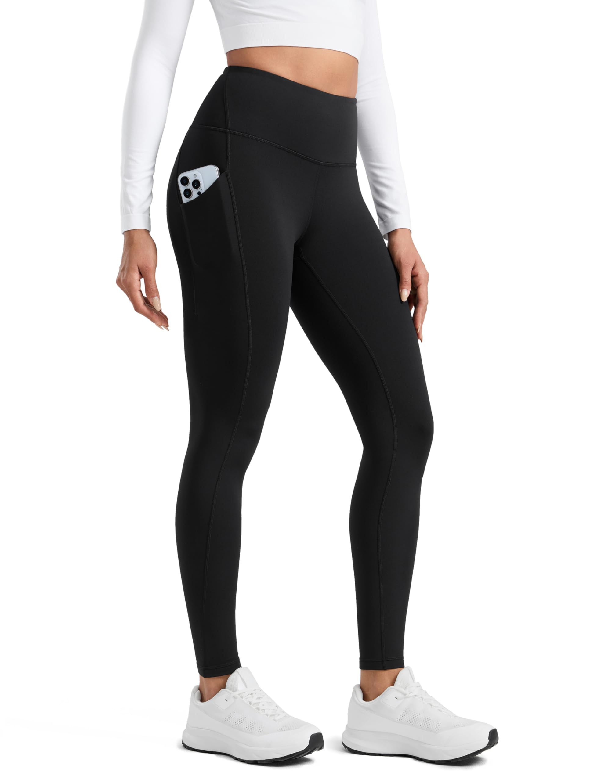 CRZ YOGA Water-Resistant Fleece Athletic Leggings Pockets 28" - Matte Thermal Hiking Casual Workout Womens Pants
