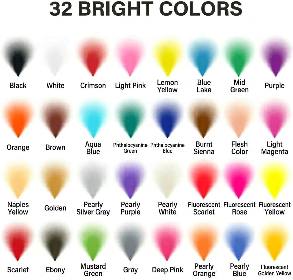 OPHIR 32-Color Opaque Acrylic Airbrush Paint Set, Water-Based Formula for Model, Hobby, Leather, Custom Shoe Art, Easy Clean with Water/Alcohol, 1.05 oz