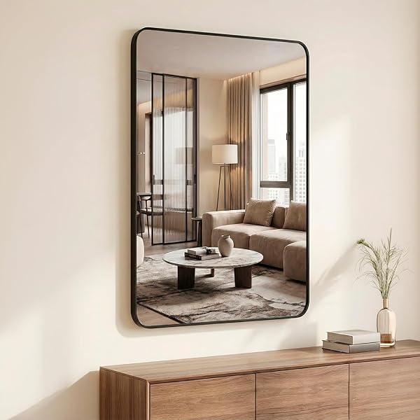Marctani Espejo Pared Rectangular con Marco de Aluminio Negro, Espejos Decorativos de Pared Biforma (Vertical/Horizontal), Cristal HD de 2.8cm para Baño, Salón o Dormitorio - 2