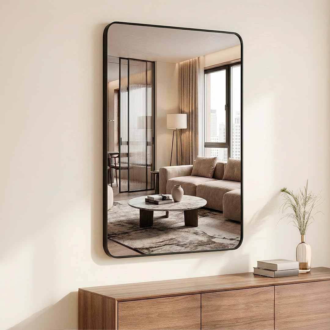Marctani Espejo Pared Rectangular con Marco de Aluminio Negro, Espejos Decorativos de Pared Biforma (Vertical/Horizontal), Cristal HD de 2.8cm para Baño, Salón o Dormitorio — view 2