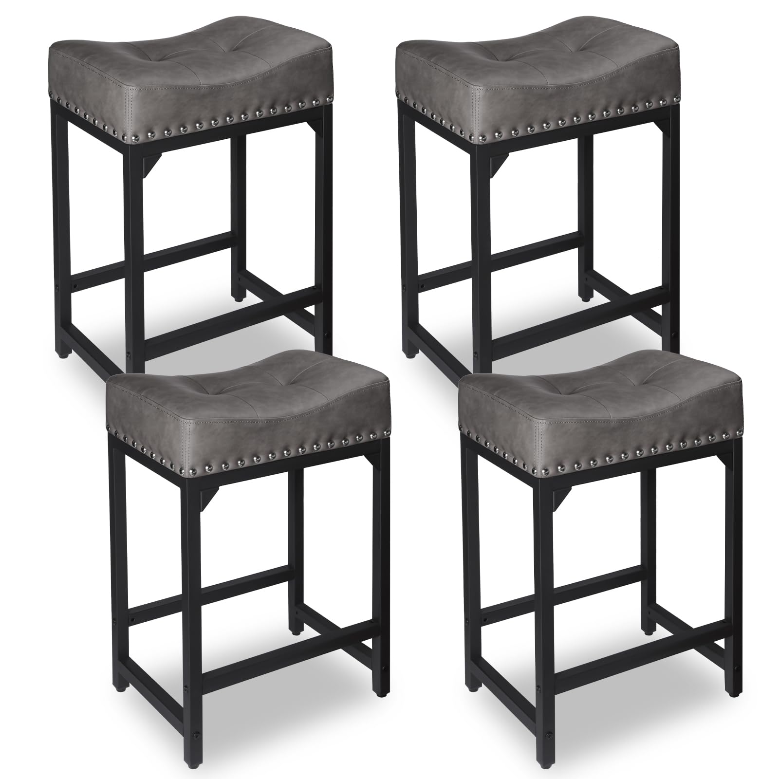 Photo 1 of Counter Height Bar Stools Set of 4, Stools for Kitchen Island Set of 4, 24 Inch Counter Height Stools Saddle Barstools Stools for Kitchen Counter Pub Bar Dining Room Support 300 LBS(Grey) Grey & Black 24" Set of 4 with Nailhead Trim