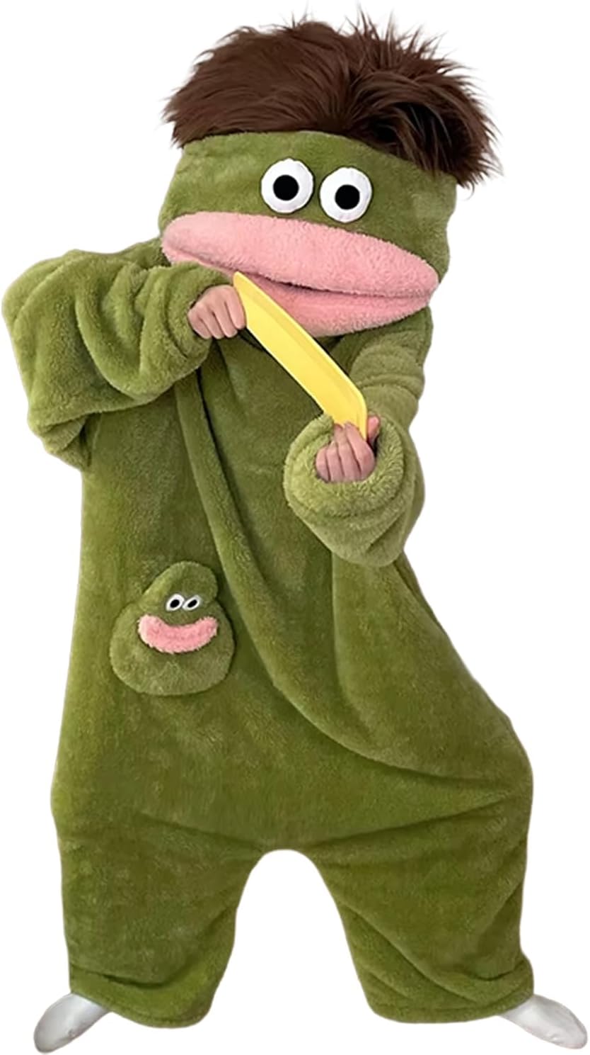 Silly Wearable Onesie Green Monster Plush Fleece Pajamas, Funny Big Mouth Hooded One Piece Loungewear For Adults