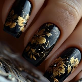 Black Press on Nails Short Square Fake Nails Gold Flowers Leaf False Nails Gold Foil Designs Artificial Acrylic Nails Glossy Glue on Nails Press ons for Women Girls Manicure Art 24Pcs