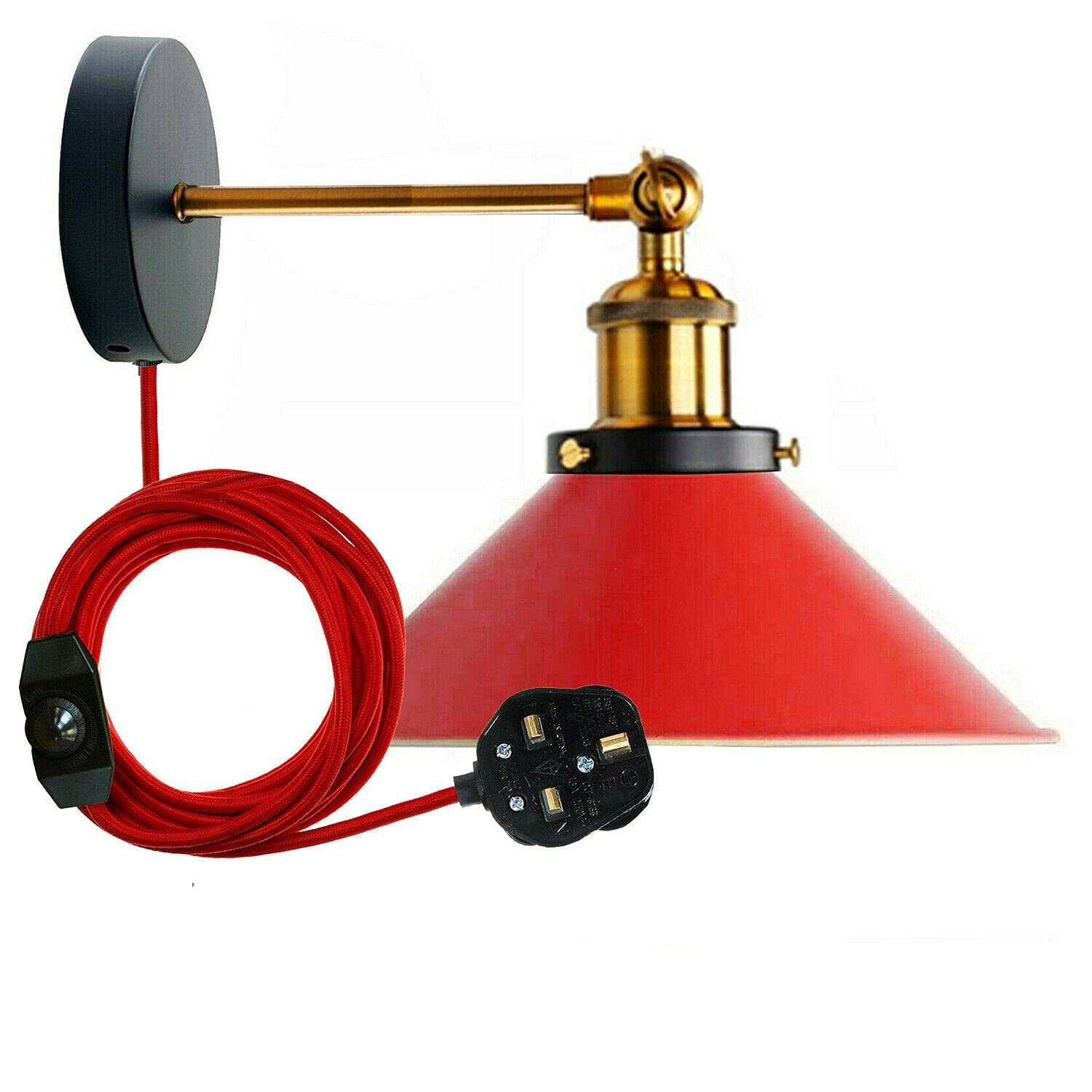 LEDSone Retro Industrial Wall Light Plug in Wall Lamp Metal Cone Shape Shade Indoor Light Fitting with Dimmer Switch for Bedroom Hallway Restaurants (Red, Without Bulb) โ image 1