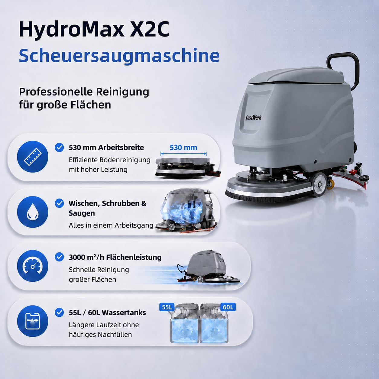 Hydromax X2C przewodowa szorownica szorująca, 3 w 1, czyszczenie i odsysanie, zbiornik na świeżą wodę 55 l + zbiornik na brudną wodę 60 l, kabel 8 m, silnik szczotkowy 550 W, silnik ssący 550 W, do