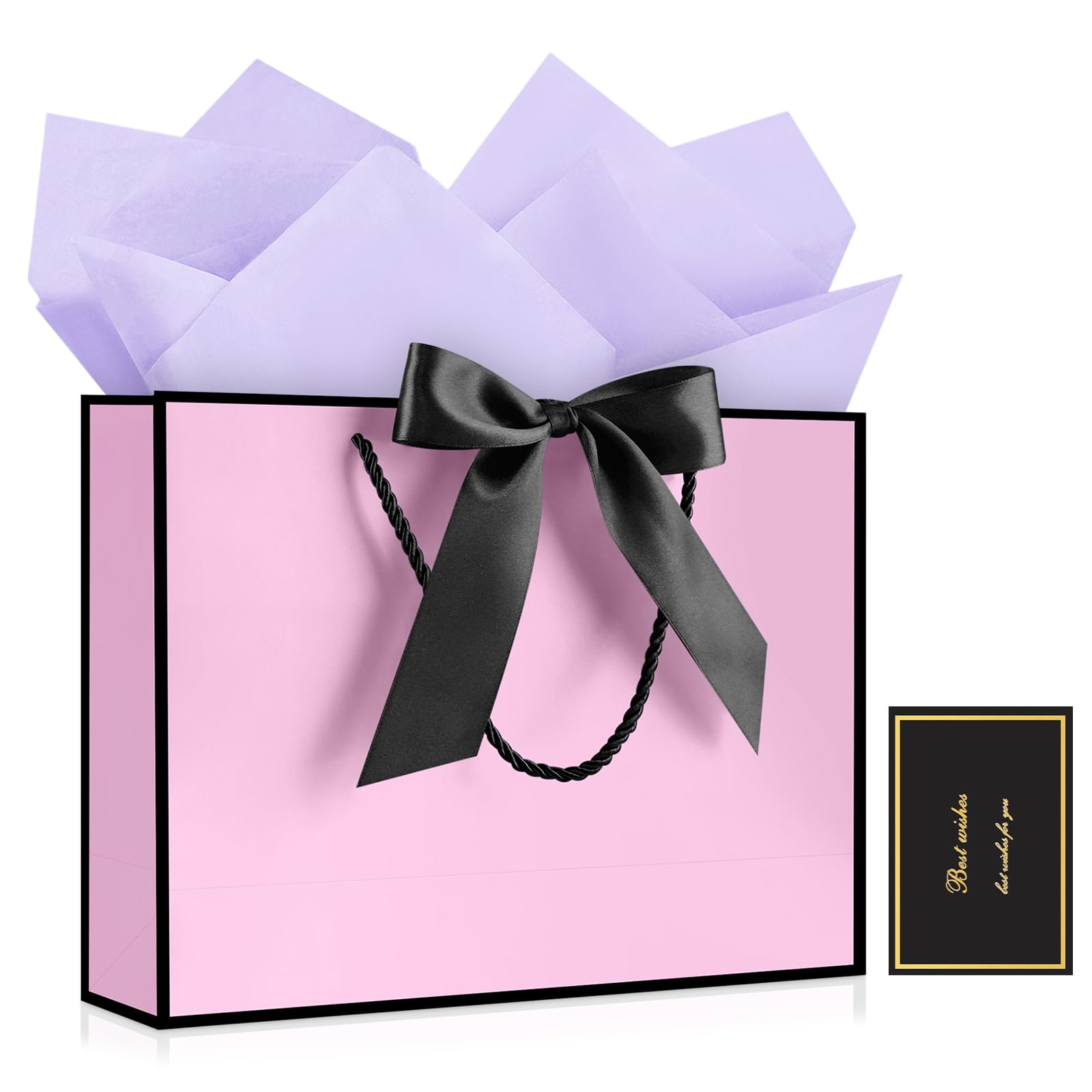 YoungTree Gift Bag with Tissue Papers and 1 Greeting Card Ribbon, Portable Paper Birthday Gift Bag with Handles,Present Bags for Wedding Party Supplies,12.6" x 9.8" x 4.3"(Purple-Black) — image 1