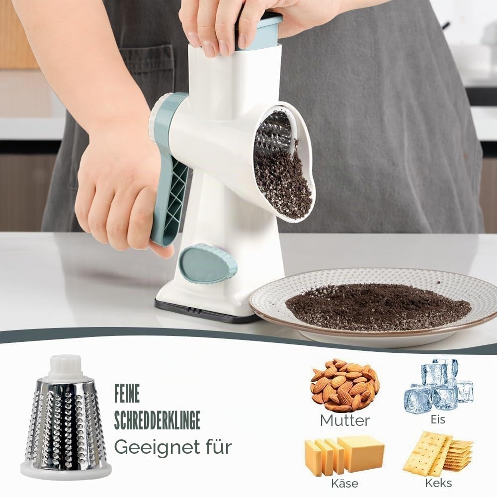 KEOUKE Käsereibe Mit Kurbel Trommelreibe Reibe Mit Griff Gemüse Käse Shredder Slicer Reibe Für Küche 3 Wechselklingen Für Käse Kartoffel Zucchini Nüsse Schokolade (Weiß - Blau)