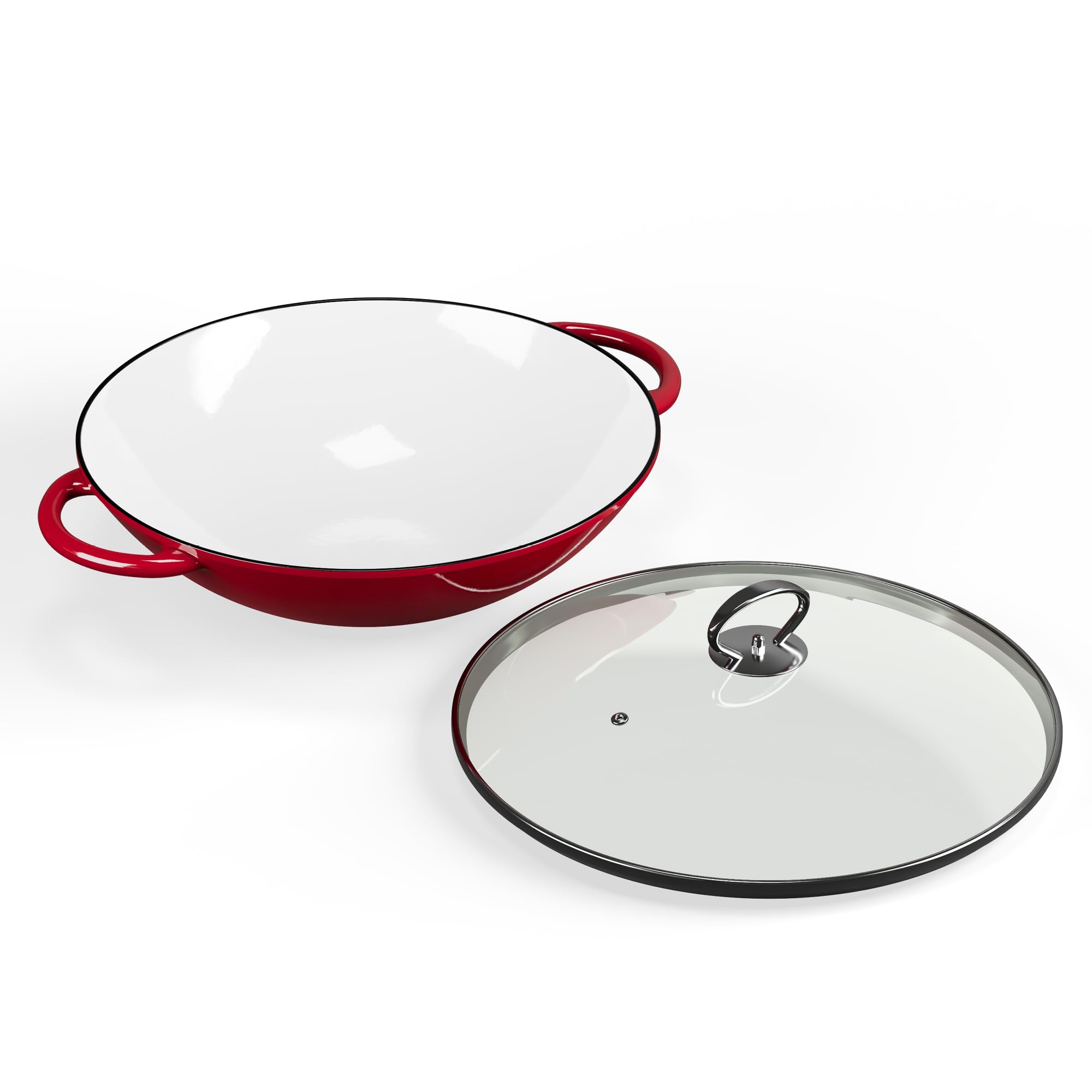 ToCi Wok, Poele Wok Induction avec Couvercle, Woks et Poêles à Frire Émaillés, en Fonte, Poignées, Antiadhésif et Profond pour Plaque Cuisine à Induction, Vitrocéramique, Gaz, Electrique