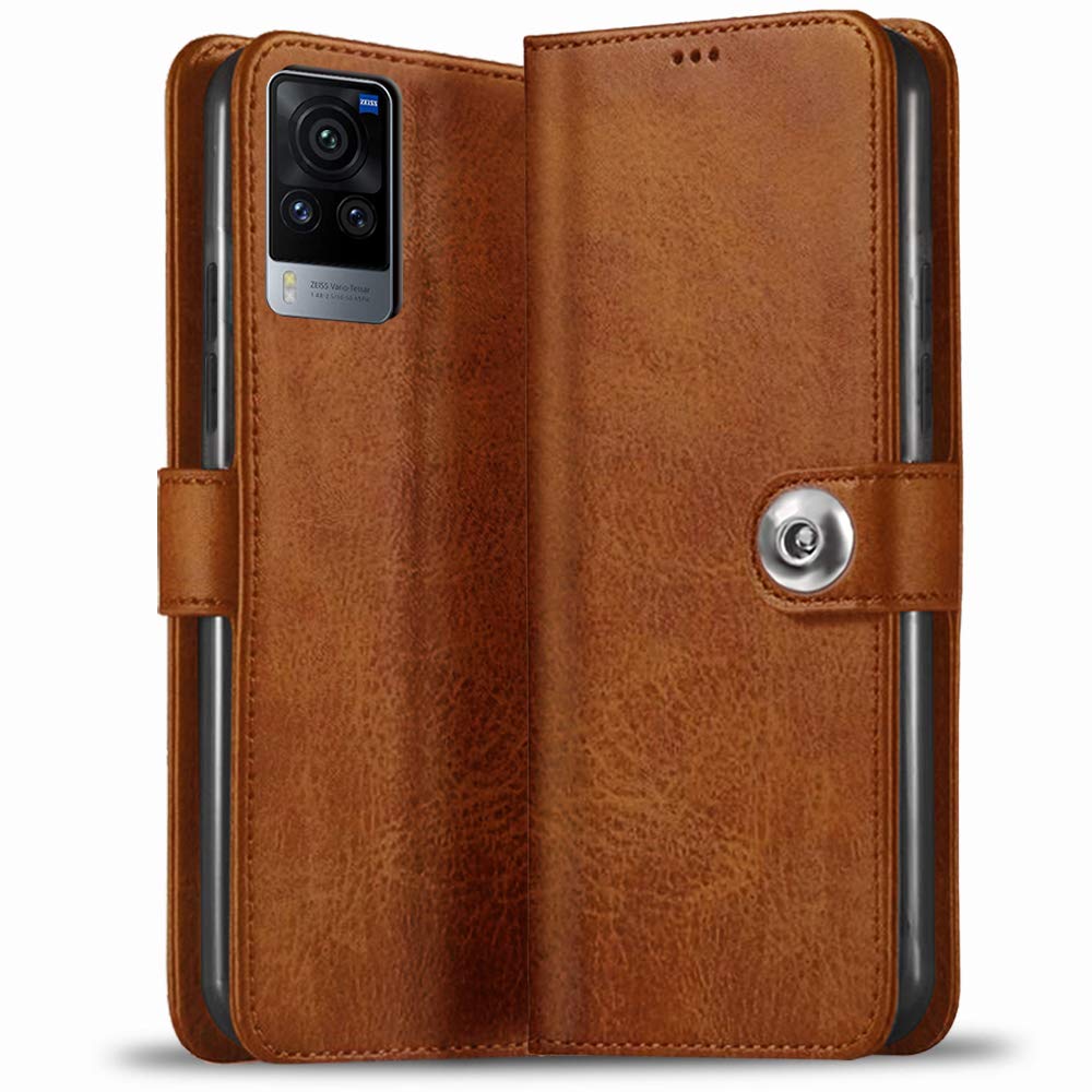 TheGiftKart Genuine Leather Finish Flip Back Cover for Vivo X60 | Inside Pockets & Inbuilt Stand | Wallet Style Back Case | Designer Button Magnet Flip Back Cover for Vivo X60 (Brown) (B0915TB6TN) Amazon Price History, Amazon Price Tracker
