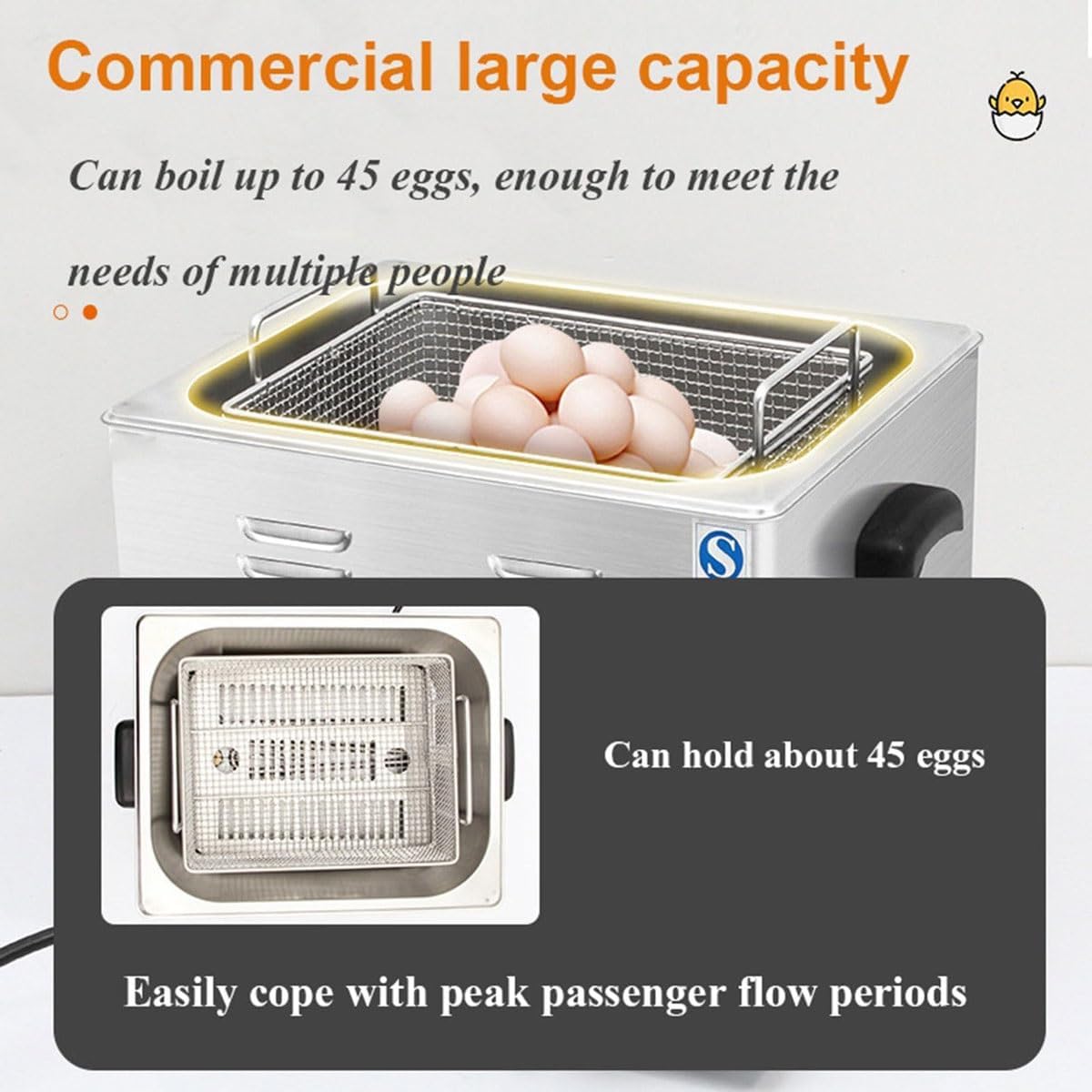 2600W Commercial Egg Boiler,45 Pcs Stainless Steel Hot Spring Egg Boiler with Mesh Basket,30-110℃ Temperature Control and Timer, Even Heating, for Soft-Boiled Egg, Half-Boiled Egg