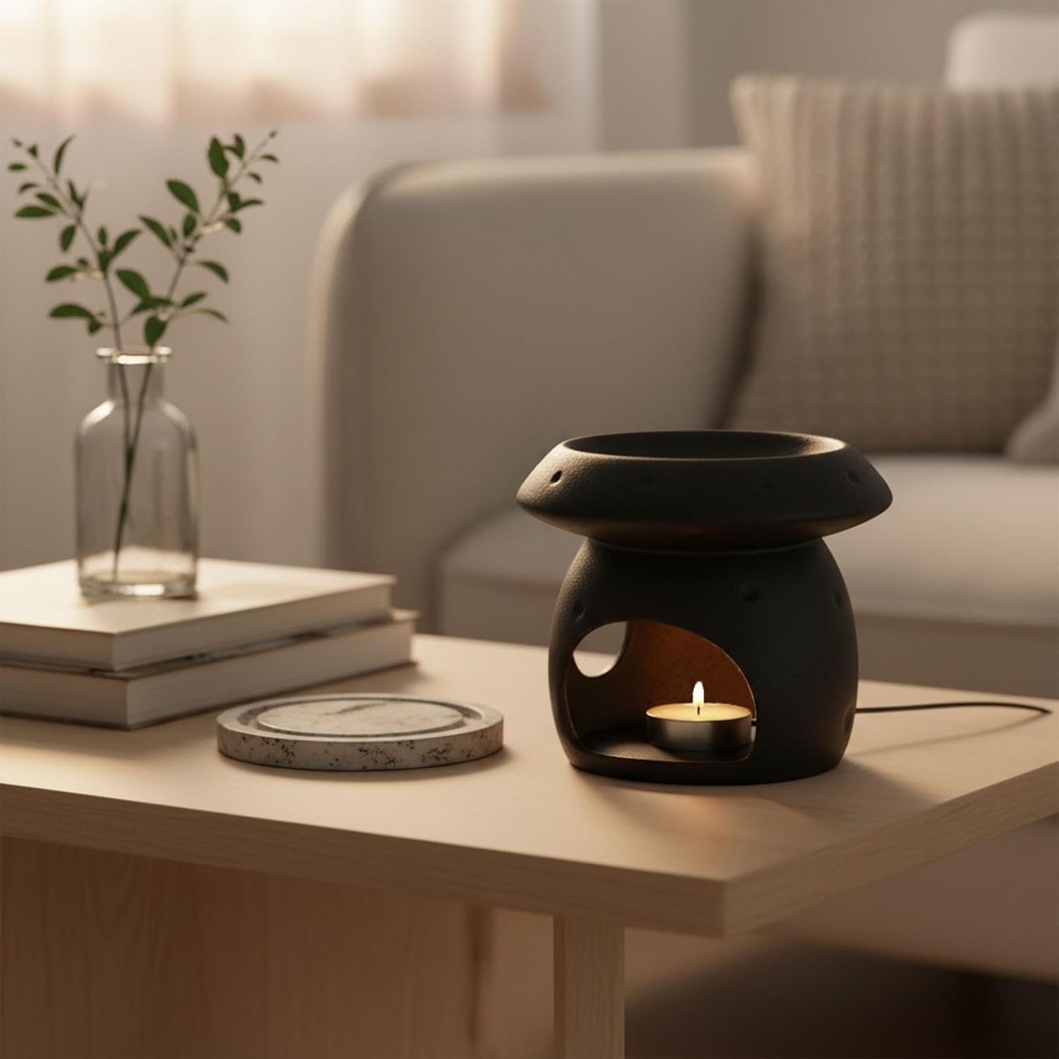 Ceramic Essential Oil Burner, Mushroom Shaped Wax Melt Burner with Tealight Candle Holder, Black Scented Oil Warmer for Fragrance Wax Melts, Home Bedroom Bathroom Decor, 4.6 x 4.2 in image 5