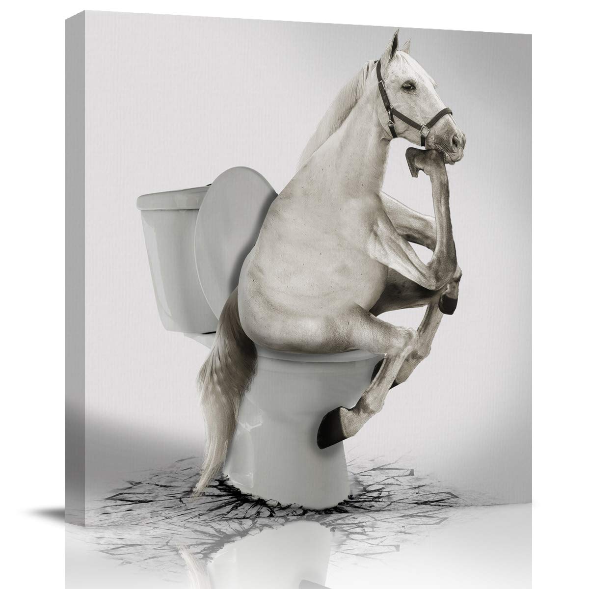 Love - Home Pensive White Horse Sitting on The Toilet Canvas Print Wall Painting, White Funny Animal Thinking Contemporary Art Decoration for Bedroom Square Wall Decor (8" x 8"x 1 Panel)