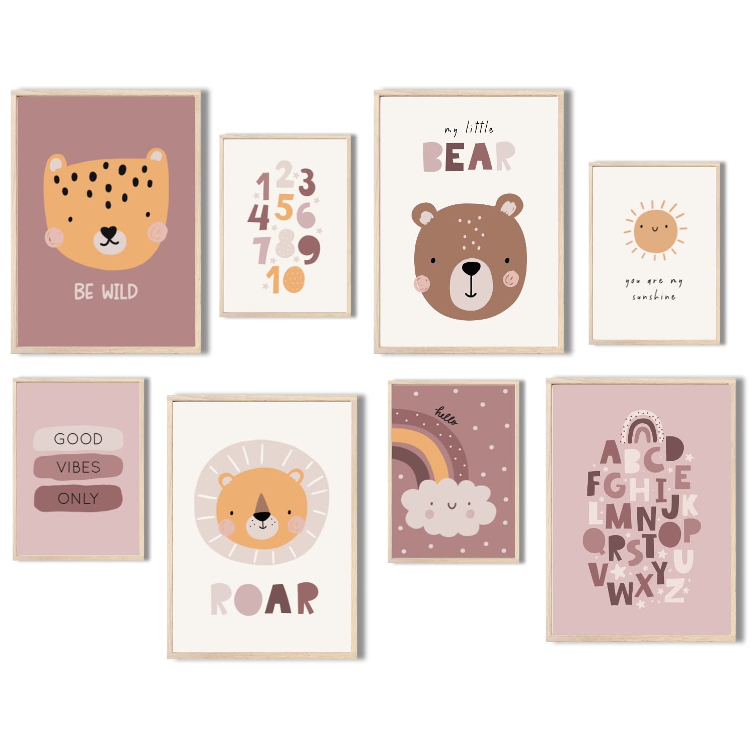 MeinBaby123 Poster Kinderzimmer 8er Set DIN A4 und A5 | Wandbilder Zahlen ABC | Süße Tiere V6 - Rosa