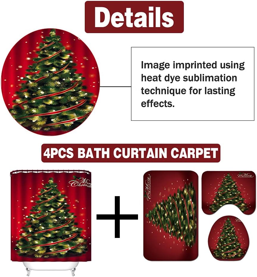 4 Pcs Merry Christmas Shower Curtain Sets with Non-Slip Rug, Toilet Lid Cover and Bath Mat, Santa Claus Shower Curtain with 12 Hooks Christmas Bathroom Decor USA Shipping (Christmas Tree-2)