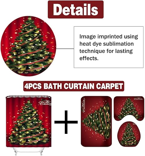 Miniatura 97 de Juego de 4 cortinas de ducha con alfombra antideslizante, cubierta para tapa de inodoro y tapete de baño, cortina de ducha de Papá Noel con 12 Papá
