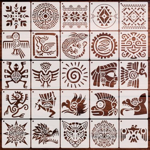 MWOOT 25 Pièces Pochoirs de Peinture Aztèque, Pochoirs de Peinture Tribal Réutilisables, Pochoir de Dessin Symboles Aztèques pour DIY Scrapbooking Bois...