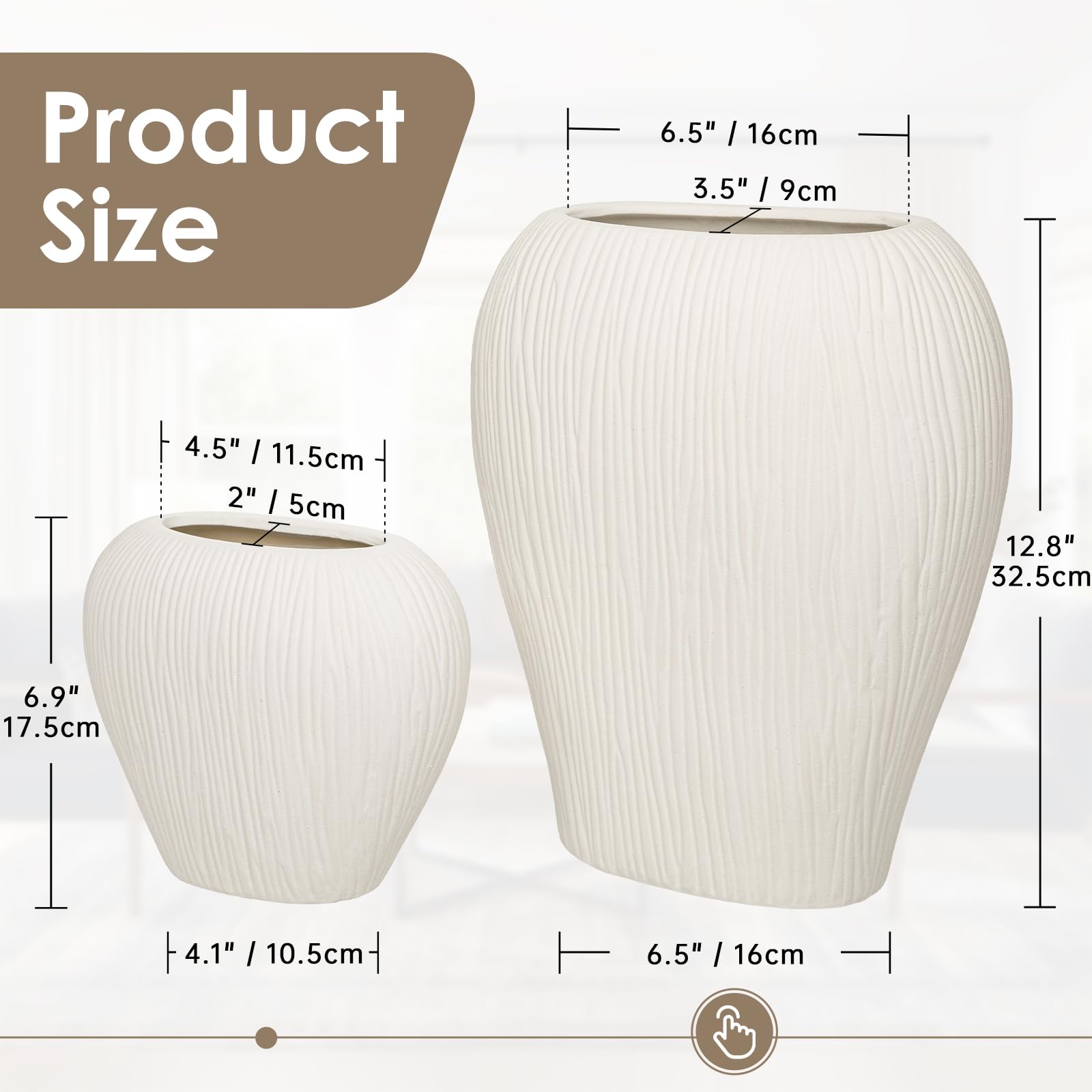 Flache Keramikvase Modern – Schmale Ribbed Vase für Pampasgras & Kunstblumen, Dekovase Keramik für Tisch, Regal & Sideboard, Boho Blumenvasen Wohndeko, Weiß - 32 cm Hohe