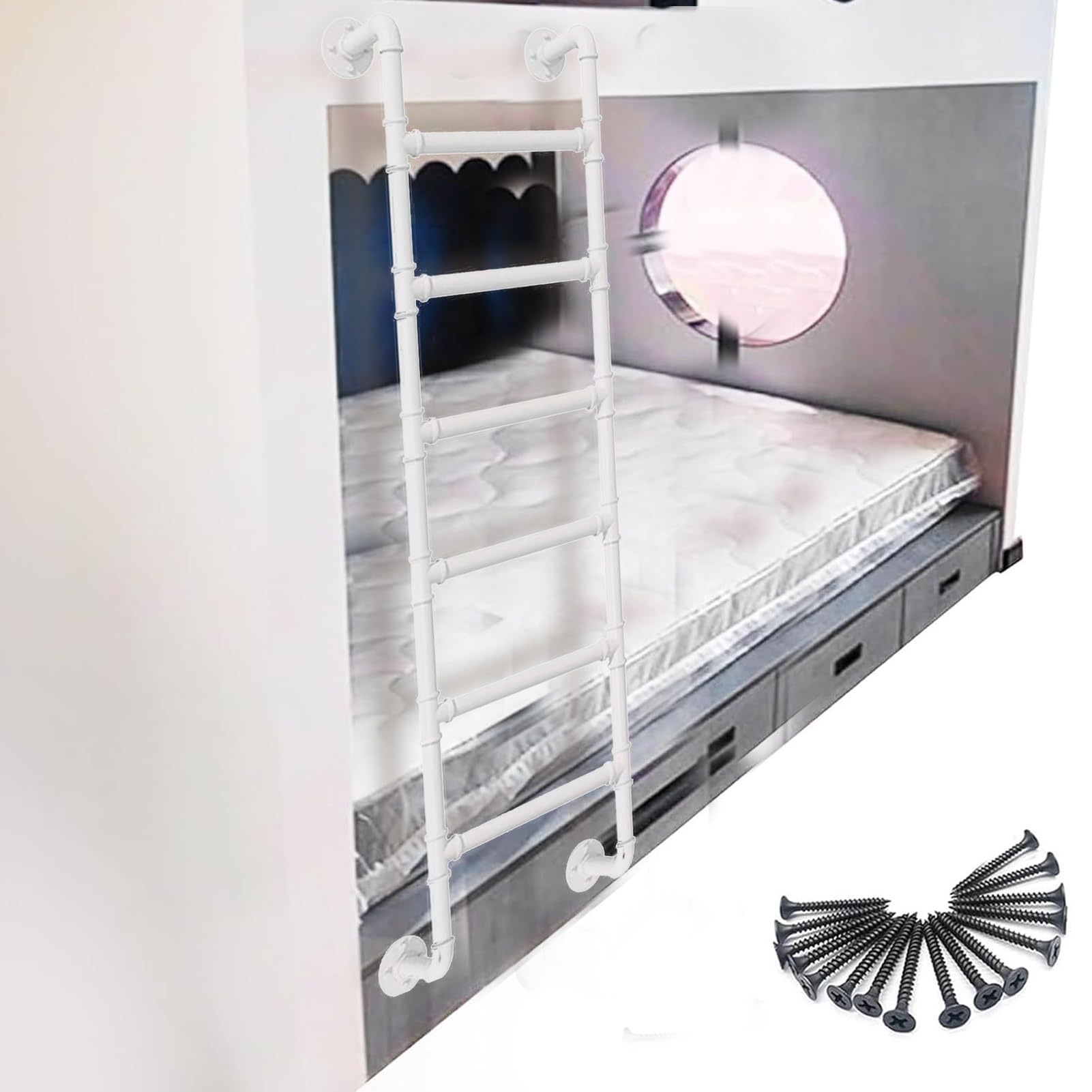 Leiter für Wohnmobil-Etagenbetten aus Industrie-Eisenrohr, Weiß (Größe 200 cm/79 Zoll)