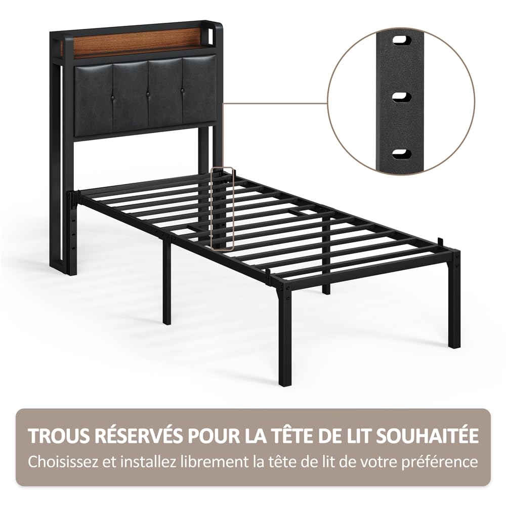 Yaheetech Lit Simple 90x200x36cm avec Sommier en Métal Charge 204 kg Noir | Cadre de Lit 1 place pour Adultes Petit Espace Structure Renforcée Assemblage Simple avec Espace de Rangement pour Chambre