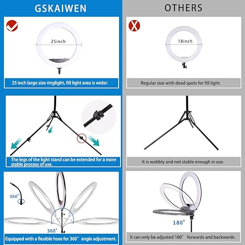 Miniatura 4 de Anillo de luz de 25 pulgadas, 75 W, 3000K-6600K, con soporte de luz retráctil, tubo suave y soporte para teléfono, luz LED bicolor regulable para