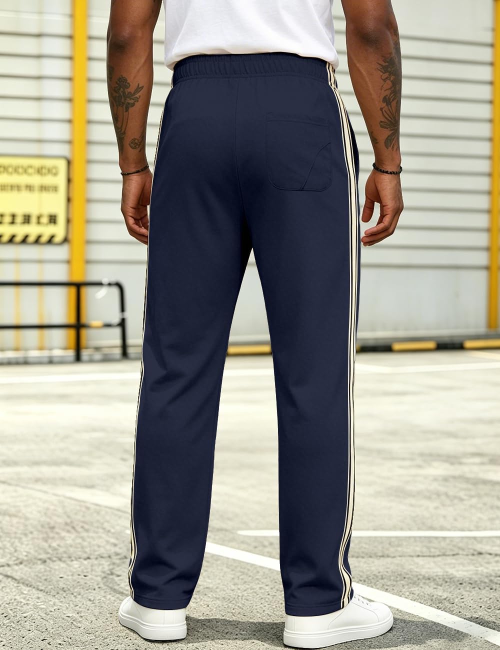 Men's Sweatpants Baggy Open Bottom Casual Lightweight Pants Workout Side Stripes Gym Joggers with Drawstring