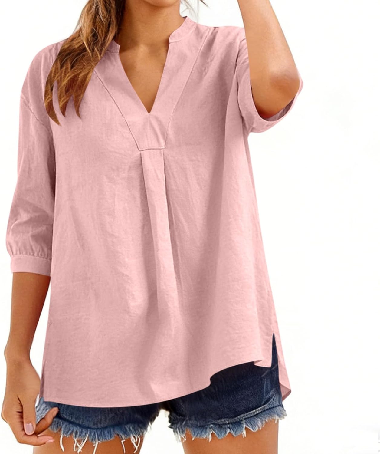 Linen Tops for Women 3/4 Sleeve v Neck Cotton Shirts Casual Loose Fit Boho Blouses sring Summer Fashion Tunic Tops