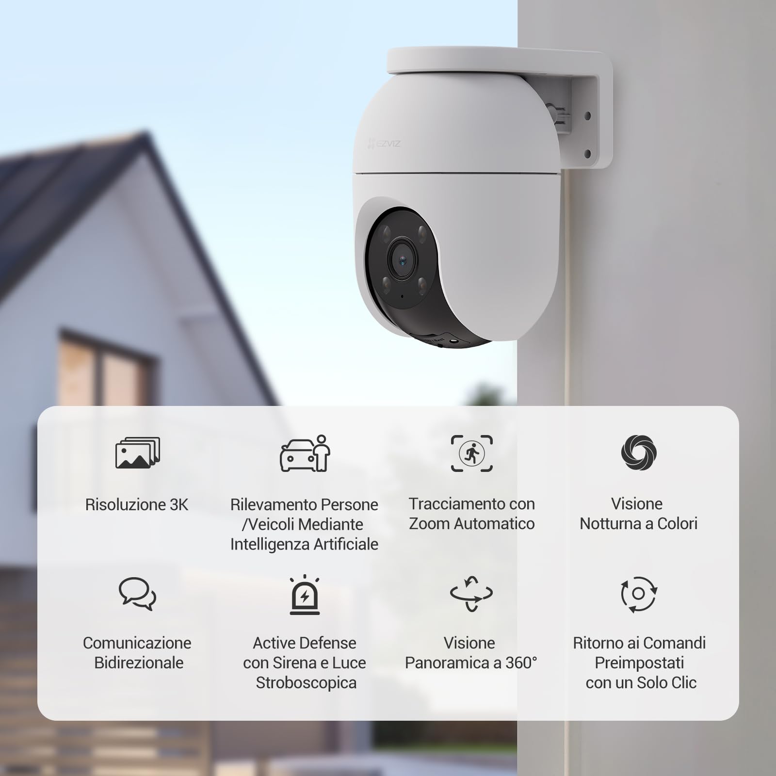 EZVIZ C8c 5MP Telecamera Wi-Fi Esterno 3K Motorizzata 360° Visione Notturna Colori Rilevamento Persone Veicoli Tracciamento Zoom Auto Alexa Google