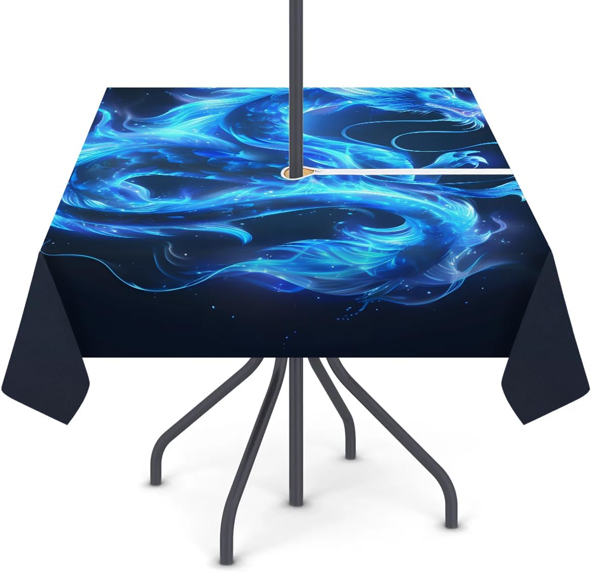 Blue Ice Dragon Outdoor Tablecloth, Zippered Table Cover with Umbrella Hole, 60 x 60 Inch Square Dining Table Cover for Patio Garden Tabletop Decor