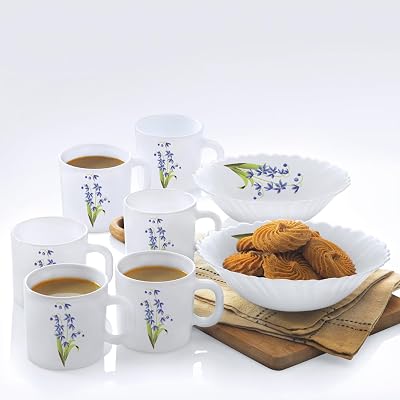 Larah by Borosil 8pc Lavender Opalware Snack Set | 6pc Mug (180 ml Each) & 2pc Bowl    (500ml Each) Combo | Microwave & 