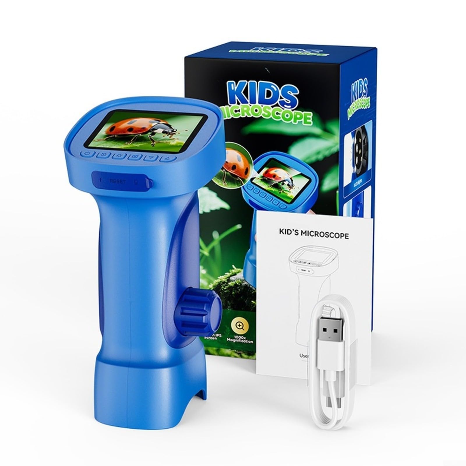 Microscopio digitale con schermo IPS da 2,4 pollici, fotocamera 1080P 2 MP, ingrandimento 1000x, 8 luci LED, ricaricabile di tipo C, per laboratorio scientifico, monete, insetti, piante (blu)