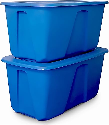 HOMZ Contenedor de plástico apilable estándar grande de 32 galones con tapa a presión segura para organización del hogar, color azul, (paquete de 2)