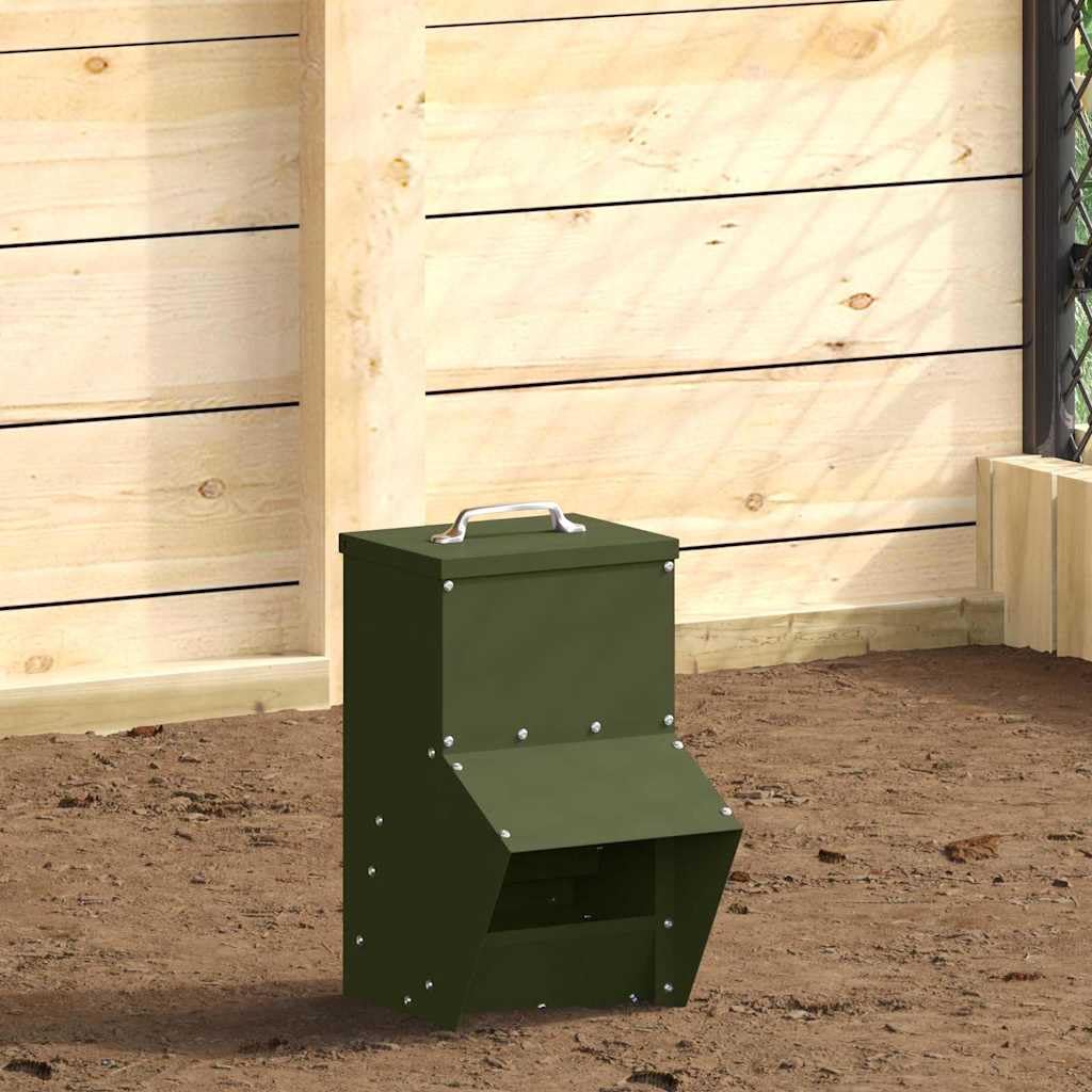 Comedero para gallinas de metal acero verde oliva 20 x 25 x 35 cm, diseño moderno y limpio para interior y exterior, práctico para alimentar aves de corral con fácil mantenimiento