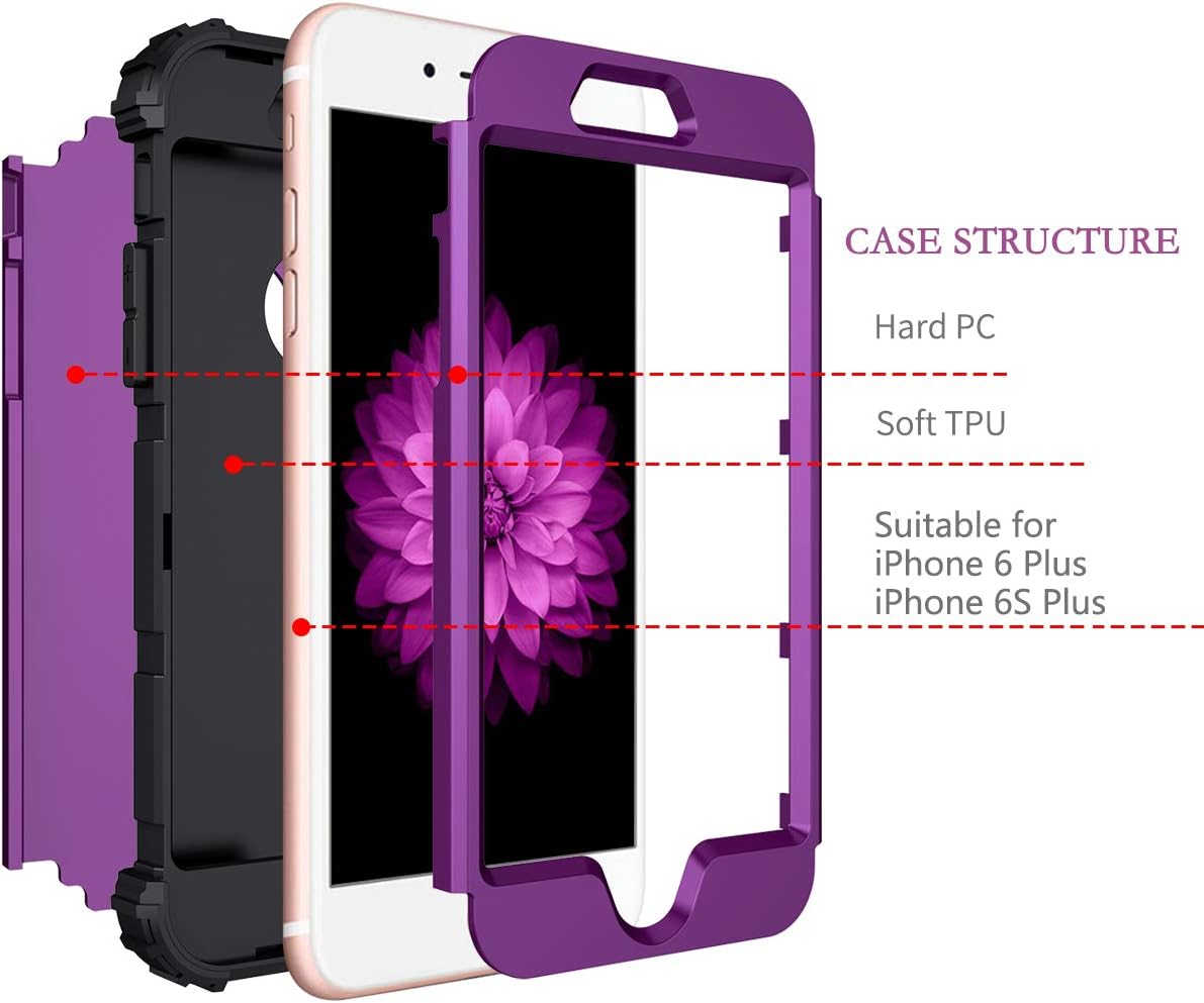 Casetego Compatible with iPhone 6S Plus Case,iPhone 6 Plus Case,Glitter Sparkle Bling Three Layer Heavy Duty Hybrid Sturdy Shockproof Protective Cover Case for Apple iPhone 6 Plus/6S Plus,Shiny Purple