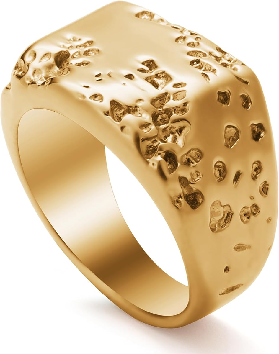 Mens Gold Tone Signet Rings Stainless Steel Gothic Fashion Pinky Signet Statement Band Ring Jewelry for Men Women Size 8/9/10/11/12/13