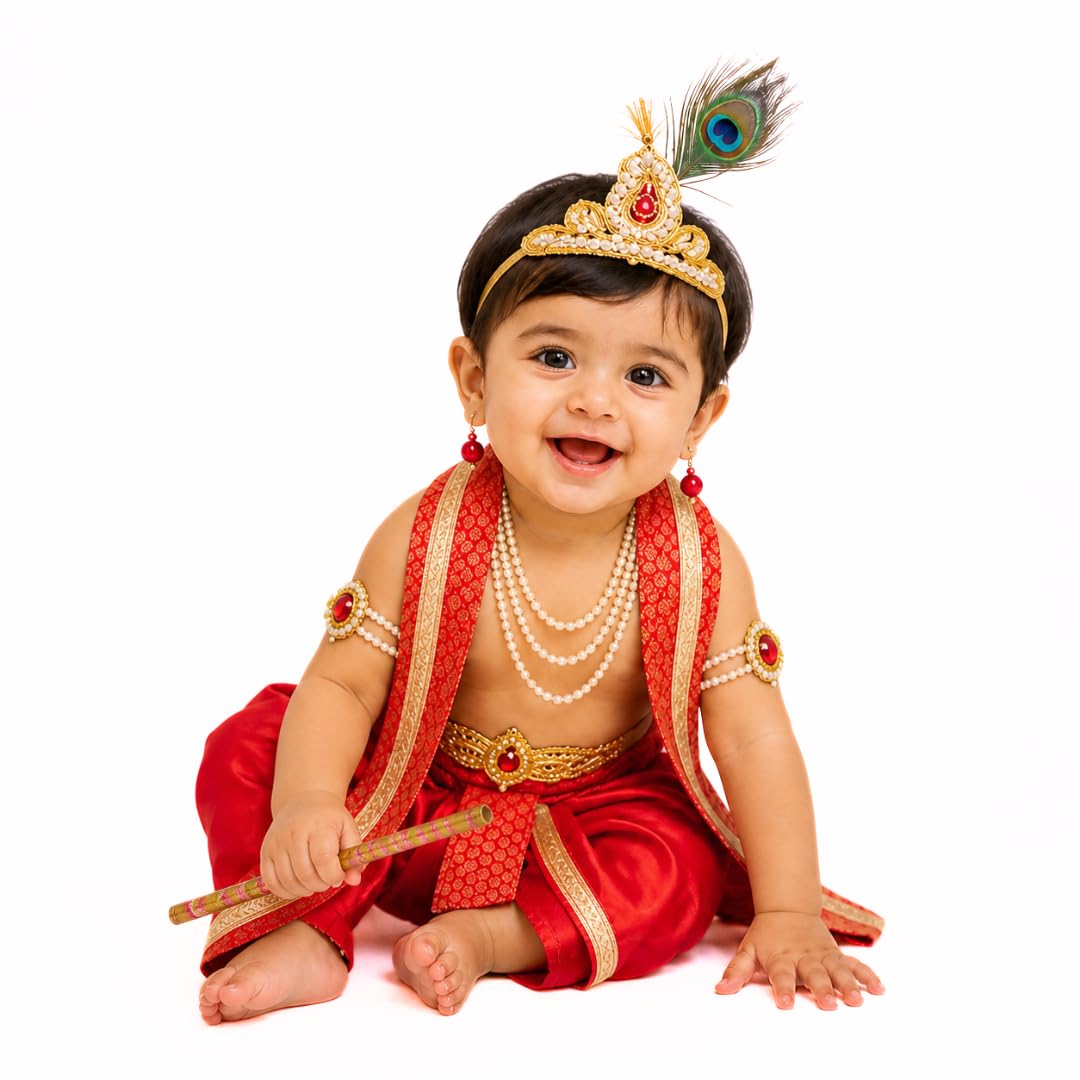 ITSMYCOSTUME Krishna Dress for Baby Boy Kids Set of 10(Dhoti,Patka,Hip Cover,Mukut,Morpankh,Bansuri,Kamarband,Bajuband,Kundal) Little Krishna Ji Kanha Janmasthmi Costume for Kids-image-29