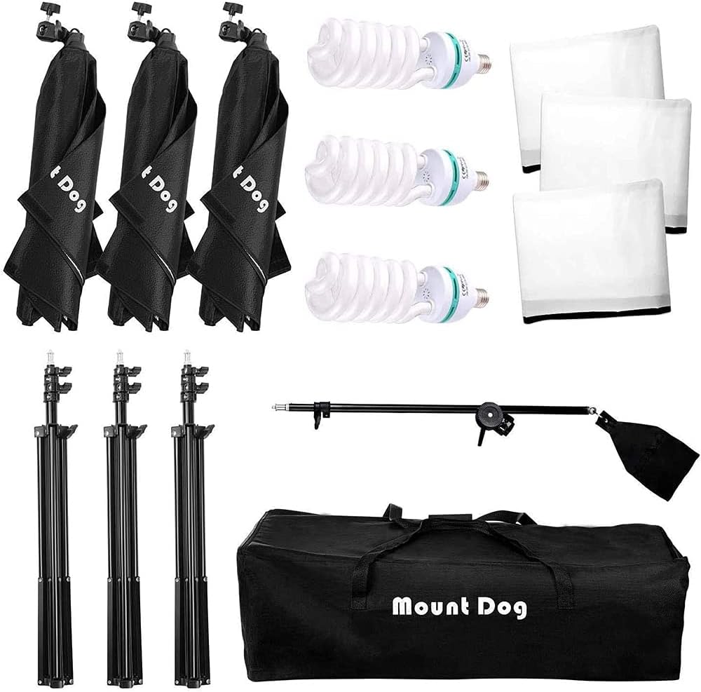 MOUNTDOG Softbox Lighting Kit Photography Studio Light Photo Equipment with 3pcs E27 95W Bulbs Arm Holder Professional Video Soft Box Lighting Set for YouTube Filming Portrait Shooting