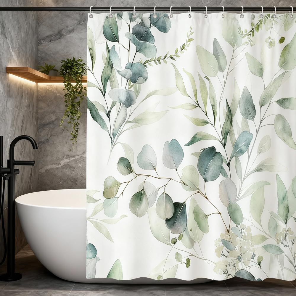 ZAFYYGH Soft Watercolor Eucalyptus Shower Curtain - Gentle Greenery and Floral Botanical Print - Tranquil Boho Farmhouse Fabric Decor, 72x72 Inch