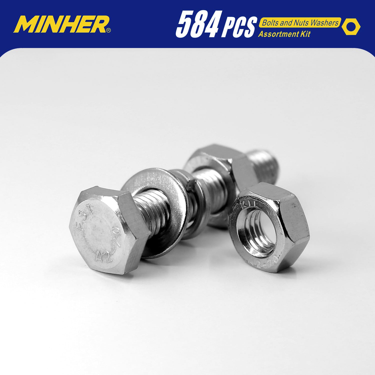 MINHER 584 pieza M6 M8 M10 de Tornillos Hexagonales y Tuercas de Acero Inoxidable y Juegos de Arandelas