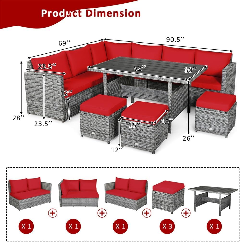 7 PCS Patio Rattan Dining Set Sectional Sofa Couch Ottoman Garden Red
