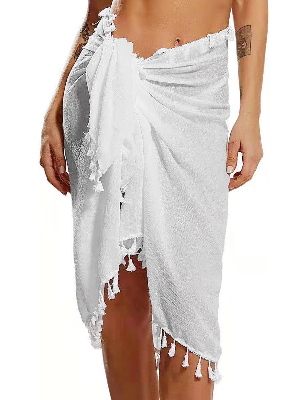 Evlry Edary - Falda envolvente de gasa con borlas, pareo de playa, pareo de playa para mujeres y niñas (blanco)