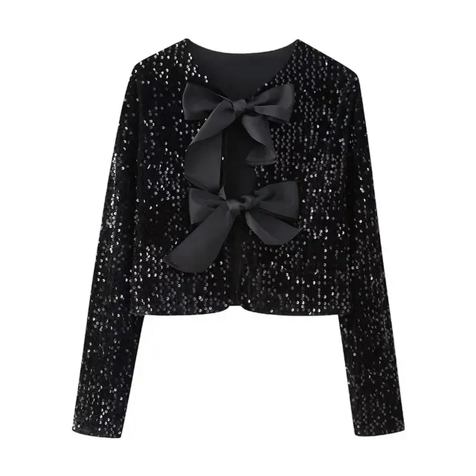 Female High Street Tops Solid O-Neck Long Sleeves Sequins Bow Tie Decorate Women's Autumn Blouses Black